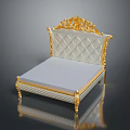 Luxurious European Style Bed With Gold Carvings And White Upholstered Headboard