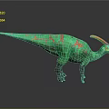 Green Dinosaur Model with Colorful Patterns and Orange Red Crest Standing on Dark Background