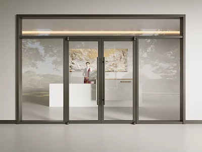 Modern Glass Double Doors With Interior View And Standing Person 3d model