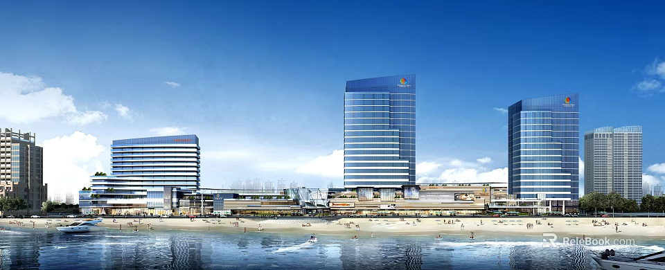 Modern High Rise Office Building With Glass Facade By Seaside Commercial Area 3d model 