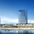 Modern High Rise Office Building With Glass Facade By Seaside Commercial Area