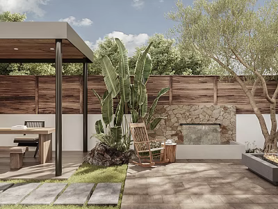 Garden Landscape With Wooden Fence Large Greenery Stone Wall Outdoor Seating Stone Path And Lawn 3d model