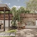 Garden Landscape With Wooden Fence Large Greenery Stone Wall Outdoor Seating Stone Path And Lawn