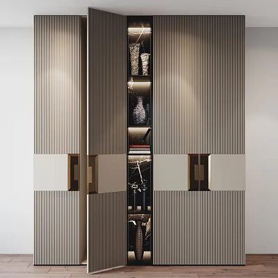 Elegant Modern Wardrobe Interior With Striped Panels And Display Shelves Lighting 3d model