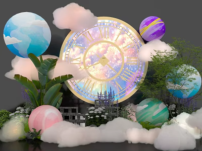 Colorful Clock Photo Spot With Clouds Planets Green Plants And White Flowers 3d model