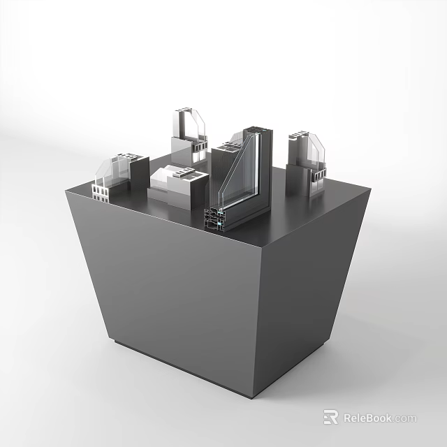 Modern Architectural Models On Gray Geometric Display Stand With Glass Facades 3d model 