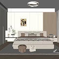 Modern Minimalist Bedroom Interior With Plush Bed Decorative Art Beige Rug And Soft Lighting