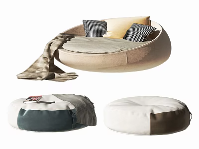Round Single Seater Sofa with Soft Fabric Pillows and Throw Blanket 3d model