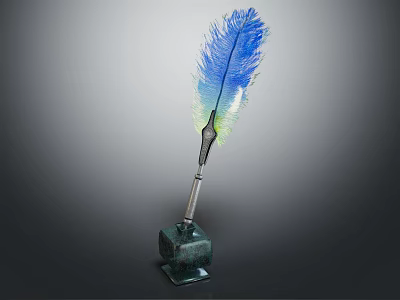 Vibrant Blue Green Gradient Feather Quill Pen With Metallic Shaft And Dark Patterned Inkwell 3d model