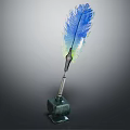 Vibrant Blue Green Gradient Feather Quill Pen With Metallic Shaft And Dark Patterned Inkwell