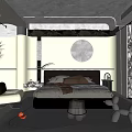 Modern Bedroom Interior With Comfortable Bed Red Circular Decor Black Chair And Plants