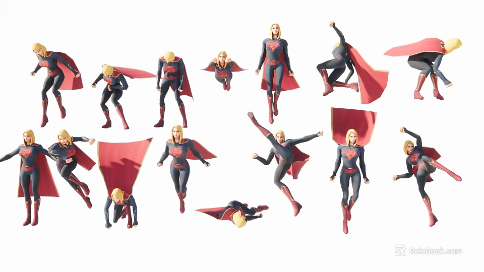 Game Movie Superhero Character With Red Cape In Multiple Dynamic Action Poses 3d model 