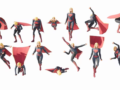 Game Movie Superhero Character With Red Cape In Multiple Dynamic Action Poses 3d model