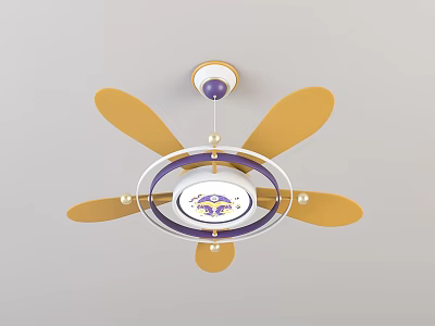 Stylish Ceiling Fan With Golden Blades Purple Accents Circular Frame And Decorative Beads 3d model