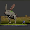 White Mouse With Large Ears Green Fur Standing On Green Base And Log