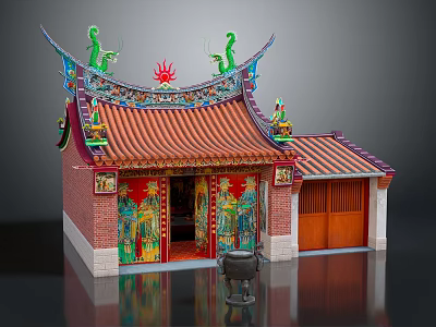 Traditional Chinese Architectural Design With Colorful Roof Dragon Sculptures And Red Doors 3d model