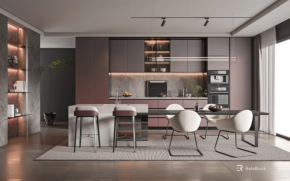 Modern Dining And Kitchen Interior Design With Island Cabinets Dining Table Chairs And Hanging Lights 3d model 