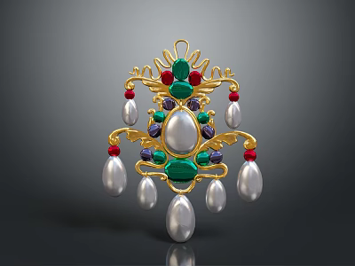 Ornate Gold Brooch With Colorful Gemstones And Hanging Pearl Pendants 3d model