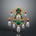 Ornate Gold Brooch With Colorful Gemstones And Hanging Pearl Pendants