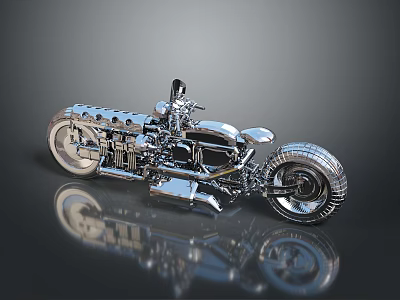 Shiny Chrome Custom Motorcycle With Exposed Engine Large Wheels And Reflective Surface Design 3d model