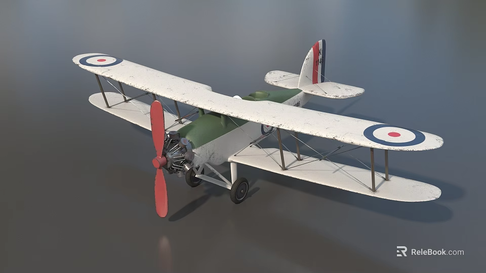 Vintage Biplane Fighter Model with Green Body Red Propeller and Wing Roundels 3d model 