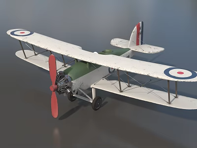 Vintage Biplane Fighter Model with Green Body Red Propeller and Wing Roundels 3d model