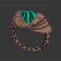 Unique Ring With Green Gemstone And Golden Leaf Shaped Carved Band
