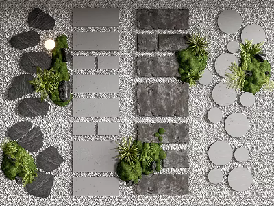 Natural Stepping Stones Path With Irregular Slabs And Green Plants On Pebble Ground 3d model
