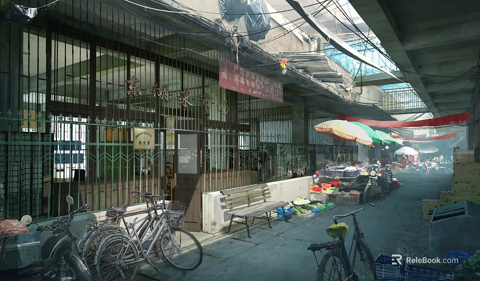 Traditional Storefront with Iron Barred Gate Red Signboard Bicycles Bench and Market Stalls 3d model 