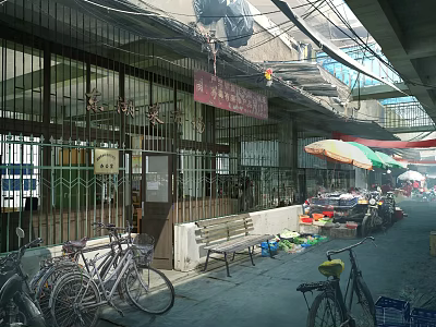 Traditional Storefront with Iron Barred Gate Red Signboard Bicycles Bench and Market Stalls 3d model