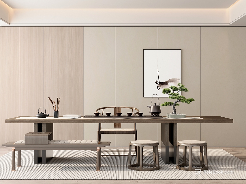 Modern Chinese Minimalist Tea Room With Wooden Tea Table Chairs Tea Sets And Green Plant 3d model 