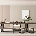 Modern Chinese Minimalist Tea Room With Wooden Tea Table Chairs Tea Sets And Green Plant