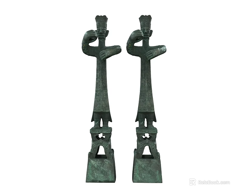 Green Human Like Sculptures With Raised Hands And Carved Details On Pedestals 3d model 