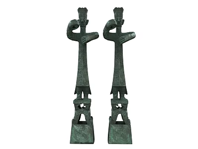 Green Human Like Sculptures With Raised Hands And Carved Details On Pedestals 3d model