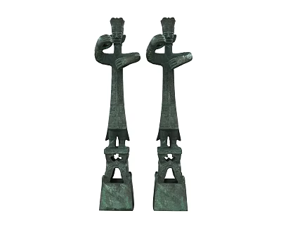 Green Human Like Sculptures With Raised Hands And Carved Details On Pedestals 3d model