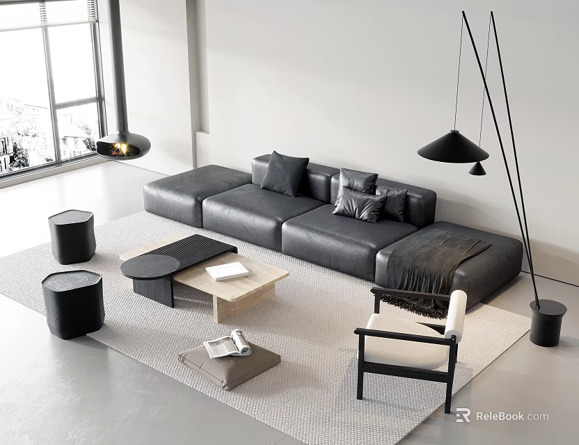 Modern Black Sectional Sofa and Coffee Table Set with Rug Floor Lamp and Large Window 3d model