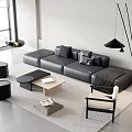 Modern Black Sectional Sofa and Coffee Table Set with Rug Floor Lamp and Large Window