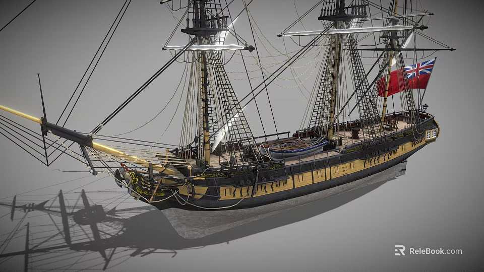 Antique Wooden Sailing Ship With Tall Masts Detailed Rigging And Red Flag 3d model 
