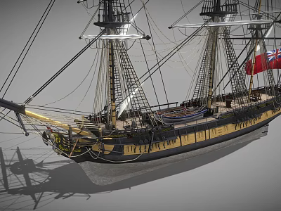 Antique Wooden Sailing Ship With Tall Masts Detailed Rigging And Red Flag 3d model