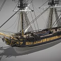 Antique Wooden Sailing Ship With Tall Masts Detailed Rigging And Red Flag