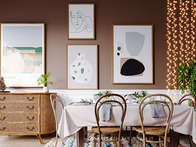 Cozy Dining Table Set With Wicker Chairs Framed Artworks String Lights And Green Plant 3d model