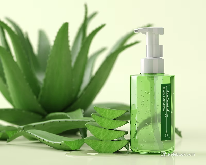 Aloe Vera Succulent Plant with Fresh Leaves and Green Hand Sanitizer Bottle 3d model 