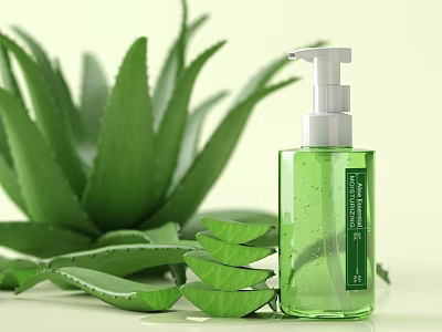 Aloe Vera Succulent Plant with Fresh Leaves and Green Hand Sanitizer Bottle 3d model