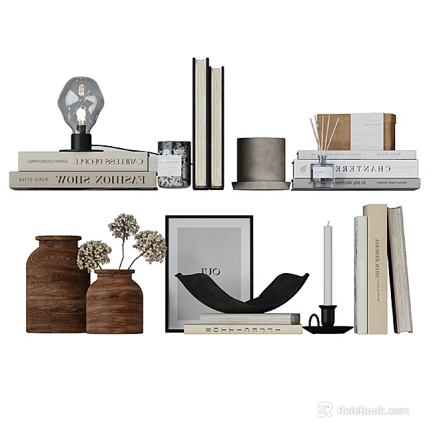 Modern Black Sculptural Object With Books Vases Framed Art And Dried Flowers 3d model 
