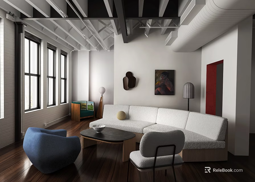 Modern Industrial Style Living Room With Exposed Beams Large Windows And Cozy Lounge Furniture 3d model 