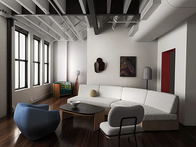 Modern Industrial Style Living Room With Exposed Beams Large Windows And Cozy Lounge Furniture 3d model