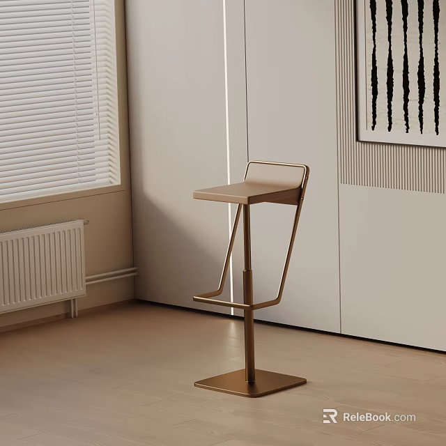 Stylish Modern Bar Stool Featuring Gold Metal Frame And Wooden Seat In Minimalist Interior 3d model 