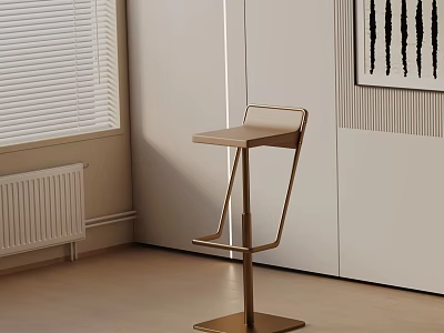 Stylish Modern Bar Stool Featuring Gold Metal Frame And Wooden Seat In Minimalist Interior 3d model