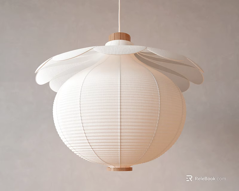 White Petal Shaped Paper Pendant Light With Wooden Top And Modern Minimalist Design 3d model 