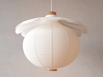 White Petal Shaped Paper Pendant Light With Wooden Top And Modern Minimalist Design 3d model